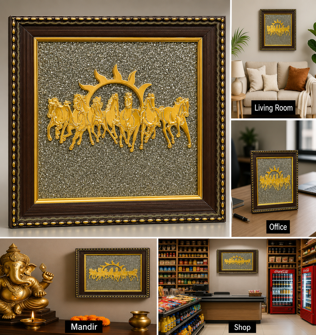 Pyrite Stone Frame with Vastu Seven Running Horses with Sun