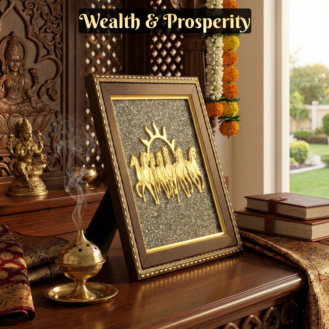 7 Horses on Raw Pyrite Frame - Seven Horses Vastu Painting for Wall Vastu